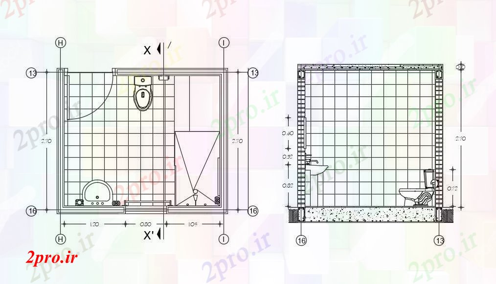 دانلود نقشه بلوک حمام و توالتحمام طرحی معماری  طراحی (کد72026)