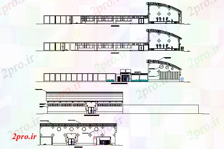 دانلود نقشه ساختمان اداری - تجاری - صنعتی نما و بخش جزئیات جامعه محلی 30 در 55 متر (کد72160)