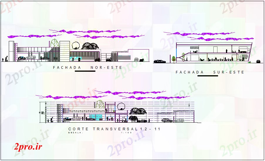 دانلود نقشه نمایشگاه ; فروشگاه - مرکز خرید آژانس اتومبیل با گاه نما و بخش محور های مختلف 27 در 30 متر (کد72170)