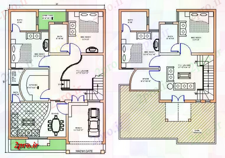 دانلود نقشه خانه های کوچک ، نگهبانی ، سازمانی - طرحی خانه با طرحی های مبلمان 36 در 54 متر (کد72205)