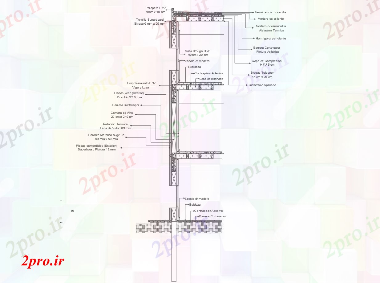 دانلود نقشه جزئیات ساختار نمای دیوار بیرونی - مقطع (کد72243)