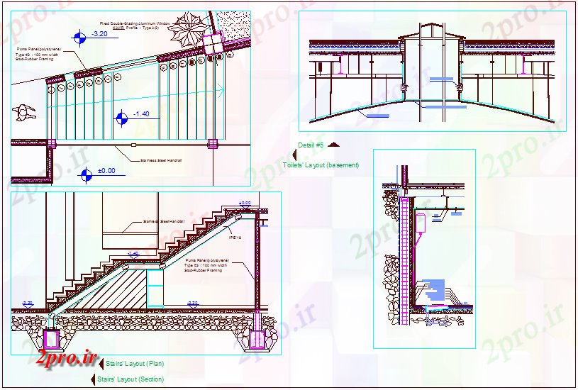 دانلود نقشه بلوک حمام و توالتمقابل طرحی توالت و بخش  با جزئیات پله برای اتاق چند منظوره بوقلمون (کد72248)