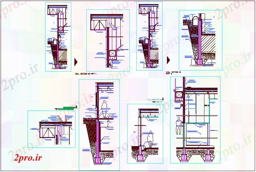 دانلود نقشه جزئیات ساخت و ساز  متفاوت بخش دیوار ساخت و ساز برای اتاق چند منظوره بوقلمون (کد72250)