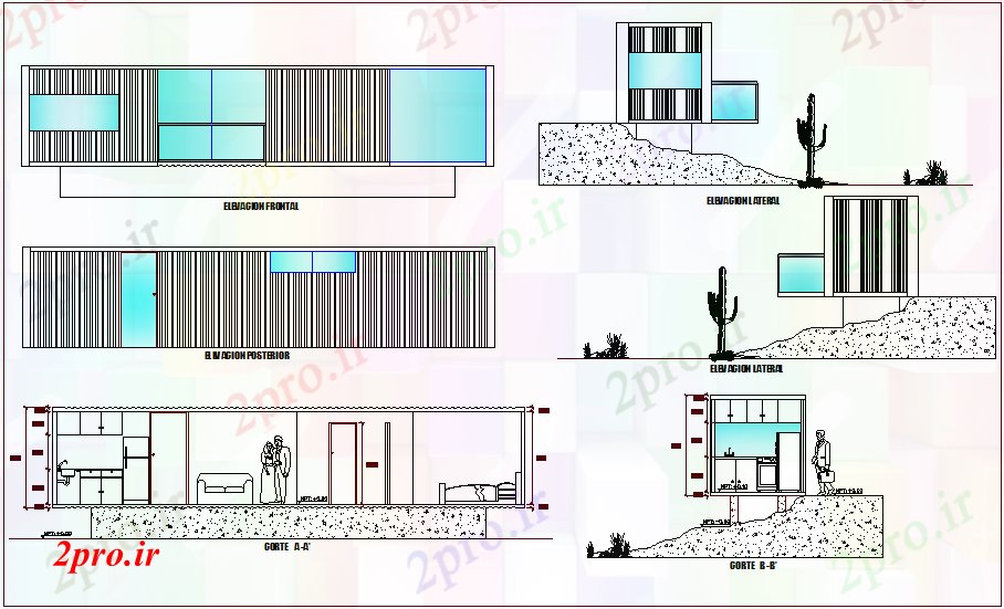 دانلود نقشه مسکونی ، ویلایی ، آپارتمان نما و مختلف بخش محور برای خانه ساخت 2 در 12 متر (کد72277)