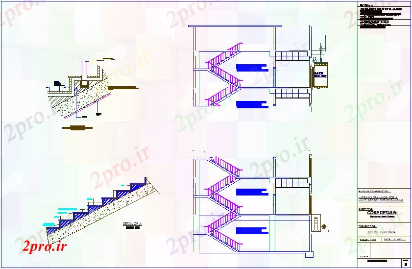 دانلود نقشه جزئیات ساخت و ساز توسعه بخش مشترک جزئیات با نمای پله برای ساختمان اداری (کد72324)