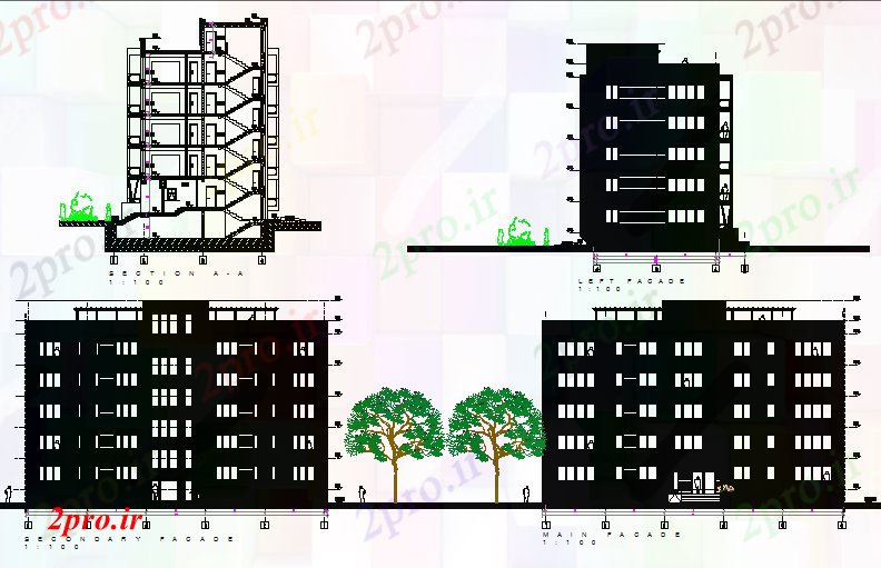 دانلود نقشه ساختمان اداری - تجاری - صنعتی نما و بخش مسکن جزئیات 15 در 31 متر (کد72373)