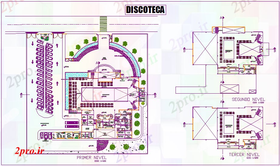 دانلود نقشه باشگاه منطقه دیسکو طرحی طبقه 40 در 56 متر (کد72386)