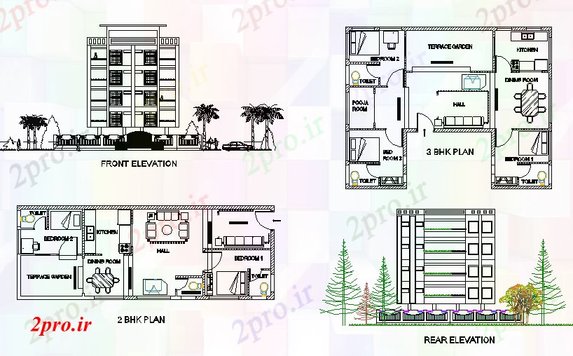 دانلود نقشه مسکونی ، ویلایی ، آپارتمان طرحی BHK و 2 BHK طرحی جزئیات 14 در 36 متر (کد72410)