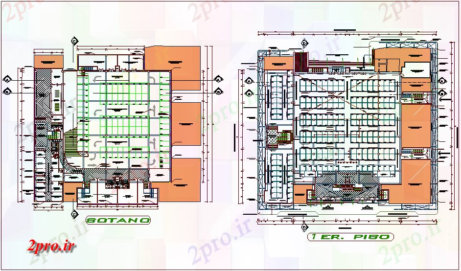 دانلود نقشه هایپر مارکت - مرکز خرید - فروشگاه زیرزمین بازار فوق العاده و طبقه اول طرح 77 در 82 متر (کد72413)