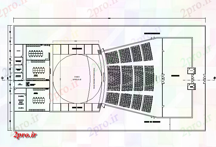 دانلود نقشه تئاتر چند منظوره - سینما - سالن کنفرانس - سالن همایشطراحی سالن جزئیات 34 در 90 متر (کد72484)