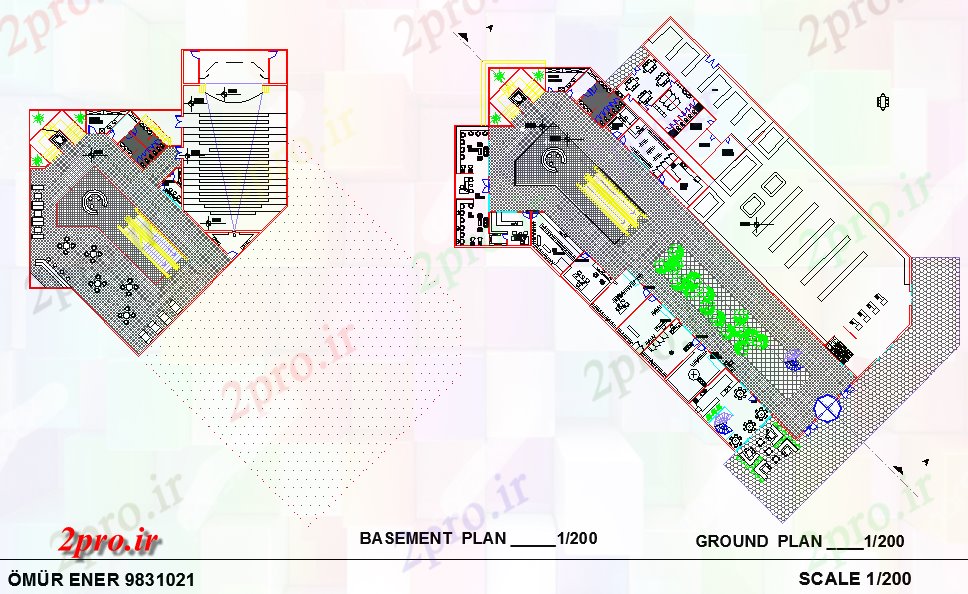 دانلود نقشه هایپر مارکت - مرکز خرید - فروشگاه طبقه بالا و پلان زیرزمین از یک مجموعه 42 در 56 متر (کد72510)