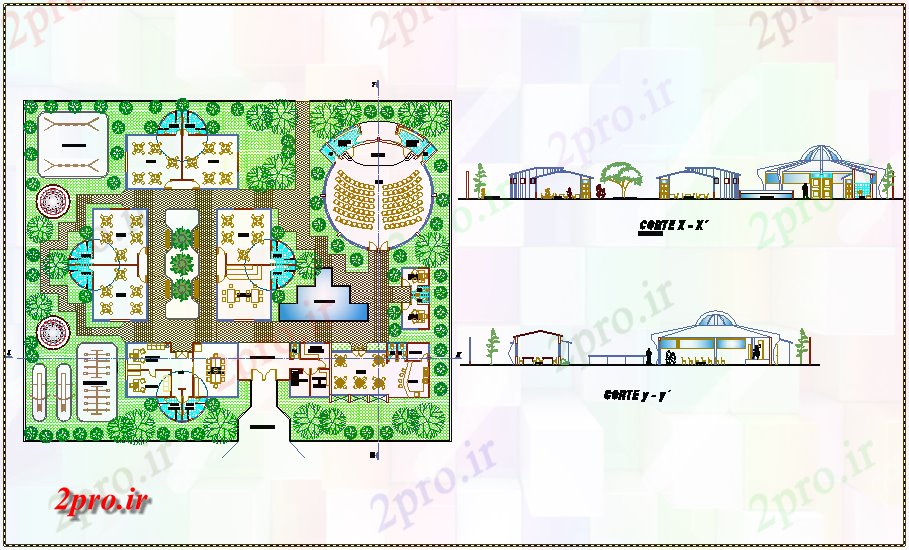 دانلود نقشه باغ کودک باغ محوطه سازی با بخش مدرسه 31 در 39 متر (کد72525)