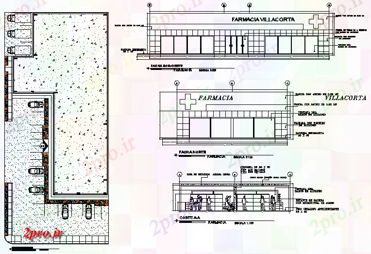 دانلود نقشه ساختمان اداری - تجاری - صنعتی طرح، نما و بخش farmacy جزئیات 23 در 45 متر (کد72534)