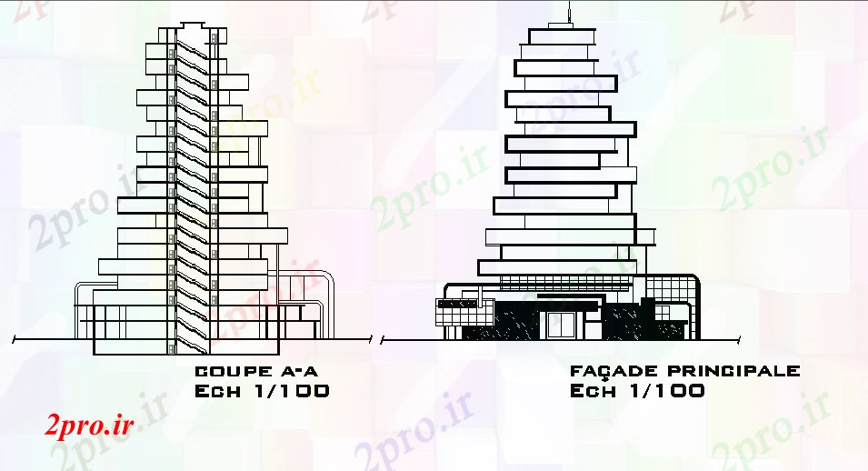 دانلود نقشه ساختمان مرتفعنما و بخش های بلند ساخت جزئیات 19 در 39 متر (کد72552)
