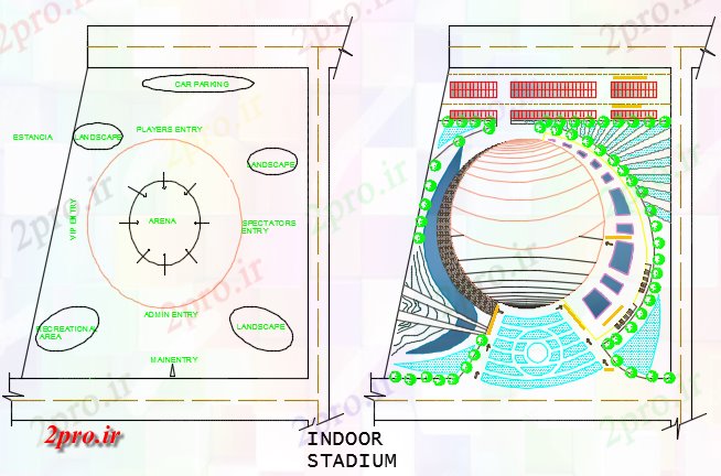 دانلود نقشه ورزشگاه ، سالن ورزش ، باشگاه سایت ورزشگاه سرپوشیده طرحی جزئیات 88 در 98 متر (کد72598)