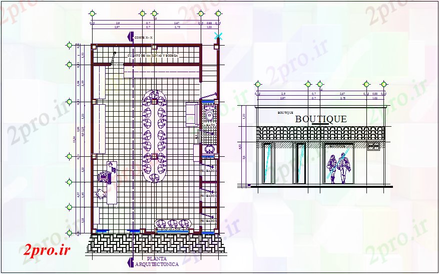 دانلود نقشه هایپر مارکت - مرکز خرید - فروشگاه فروشگاه لباس های معماری طرحی و سمت نما 8 در 11 متر (کد72634)