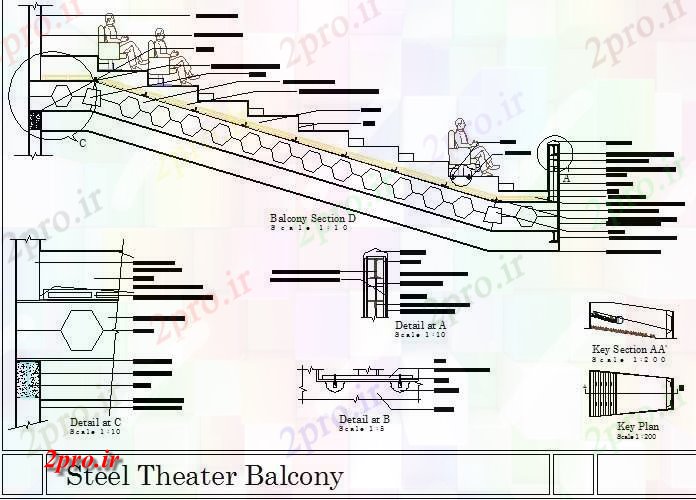 دانلود نقشه تئاتر چند منظوره - سینما - سالن کنفرانس - سالن همایشفولاد بالکن تئاتر جزئیات (کد72753)