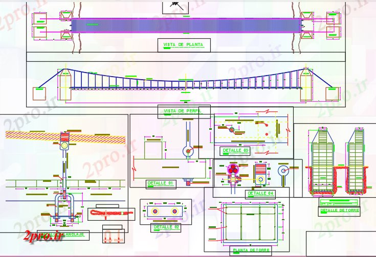 دانلود نقشه جزئیات ساخت و ساز پل معلق (کد72804)