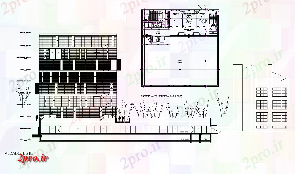 دانلود نقشه ساختمان دولتی ، سازمانی نما ضلع جنوبی ساختمان کتابخانه عمومی 45 در 50 متر (کد72806)