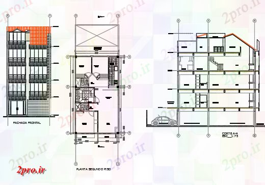 دانلود نقشه ساختمان اداری - تجاری - صنعتی طرح، نما و بخش خانه جزئیات 7 در 12 متر (کد72857)