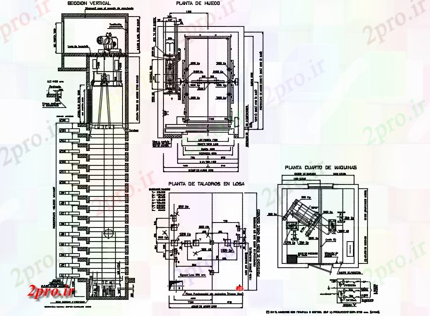 دانلود نقشه  جزئیات آسانسور و   برانکار  طرح، نما و بخش  (کد72940)