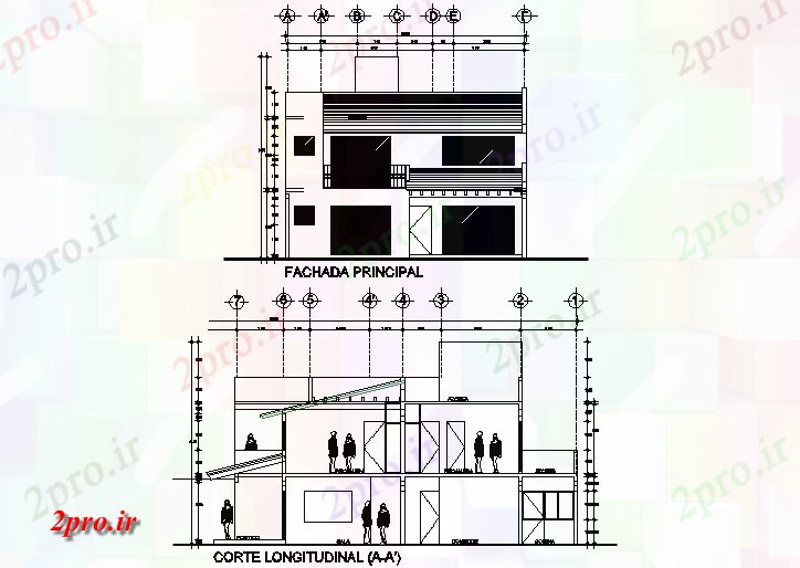 دانلود نقشه ساختمان اداری - تجاری - صنعتی نما جلو و بخش جزئیات 10 در 15 متر (کد72993)