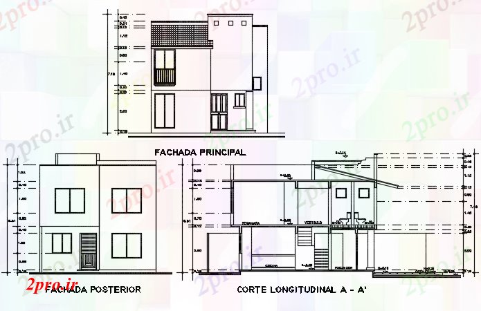 دانلود نقشه مسکونی ، ویلایی ، آپارتمان نما و بخش خانه کار جزئیات 6 در 9 متر (کد73128)