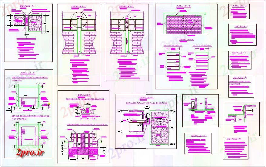 دانلود نقشه جزئیات ساخت و ساز دیوار و ستون دیدگاه مقطعی و نما نظر ساخت و ساز کلاس (کد73136)