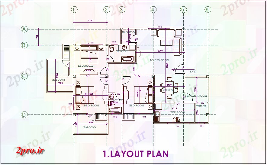 دانلود نقشه آپارتمان یک طبقه طراحی از 3 BHK تخت 11 در 17 متر (کد73253)