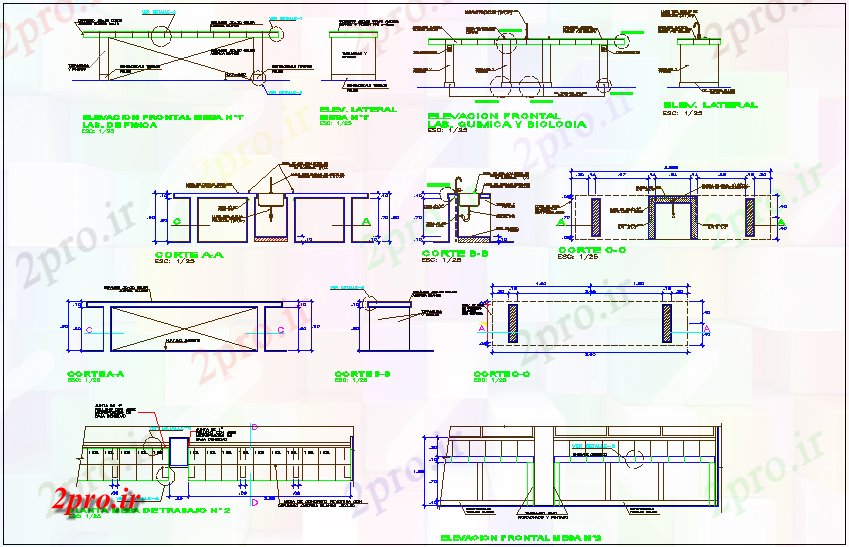 دانلود نقشه جزئیات معماری جدول با آزمایشگاه نما محور های مختلف و بخش  برای کولاژ (کد73272)