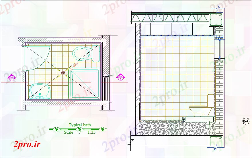 دانلود نقشه بلوک حمام و توالتحمام طراحی معمولی و بخش نظر برای آپارتمان    (کد73291)