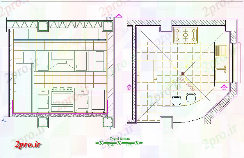 دانلود نقشه آشپزخانه آشپزخانه طرحی نمونه با نما مقطعی برای آپارتمان   (کد73295)