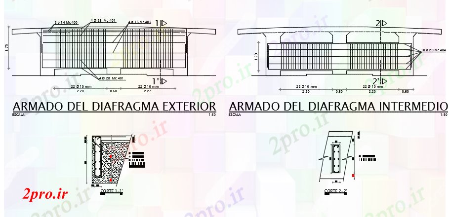 دانلود نقشه جزئیات ساخت و ساز داخلی دیافراگم مسلح و جزئیات بیرونی (کد73320)