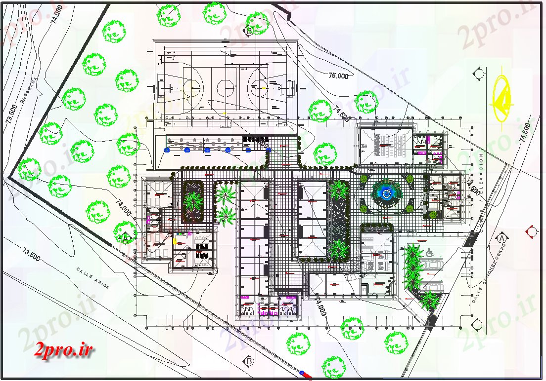 دانلود نقشه پارک - باغ عمومی محوطه سازی طرحی ساختمان تجاری جزئیات 42 در 102 متر (کد73346)