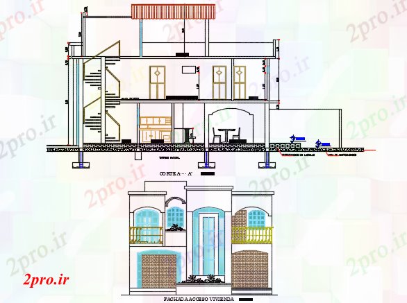 دانلود نقشه مسکونی ، ویلایی ، آپارتمان جزئیات نما و بخش خانه 8 در 11 متر (کد73785)