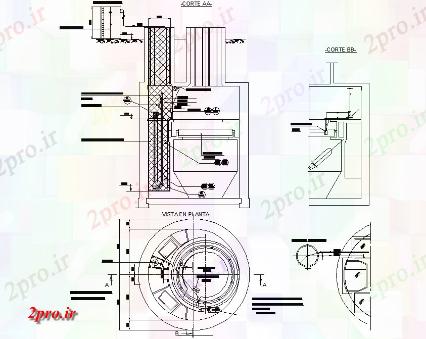 دانلود نقشه جزئیات لوله کشی طرح، نما و بخش مدار آب در سیاره فولاد 3 طرف جزئیات (کد73818)