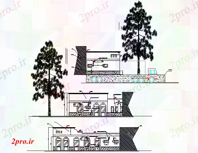 دانلود نقشه مسکونی ، ویلایی ، آپارتمان نما از انبار معمار شن و ماسه دفتر در هواپیما جزئیات 45 در 47 متر (کد73853)