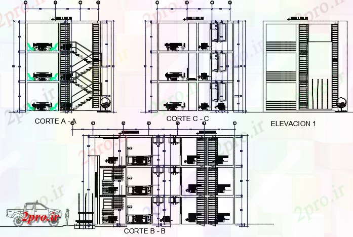 دانلود نقشه ساختمان اداری - تجاری - صنعتی بخش و خانه نما طرحی جزئیات (کد73888)