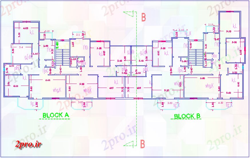 دانلود نقشه ساختمان مرتفعبلند ساخت طرحی معماری با بلوک A و B 16 در 40 متر (کد73908)
