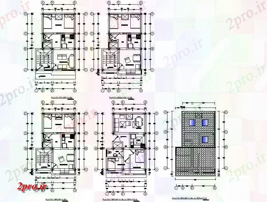 دانلود نقشه خانه های سه بعدی آپارتمان کوتاه در 3 طرحی جزئیات 5 در 8 متر (کد73919)