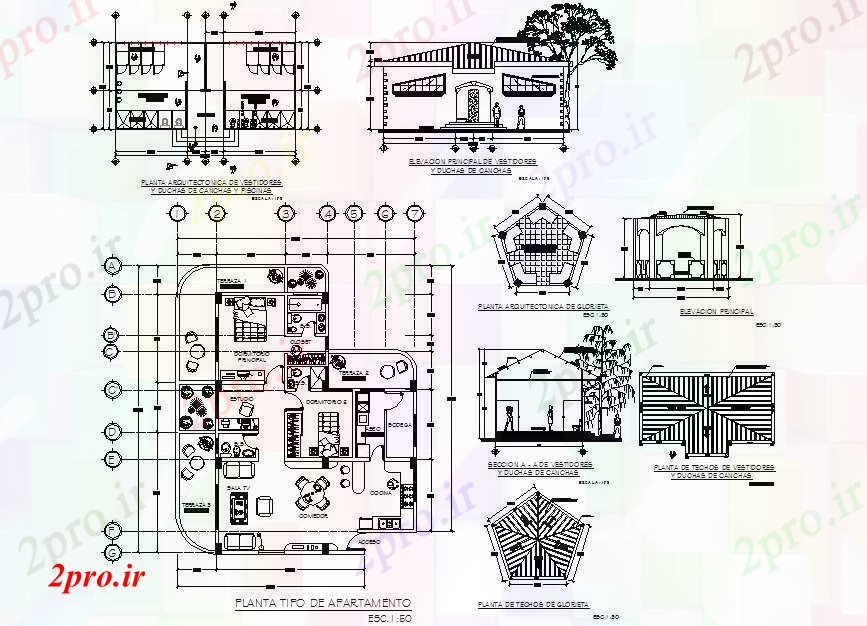 دانلود نقشه مسکونی  ، ویلایی ، آپارتمان  طرحی آپارتمان  ، نما و بخش جزئیات (کد73938)