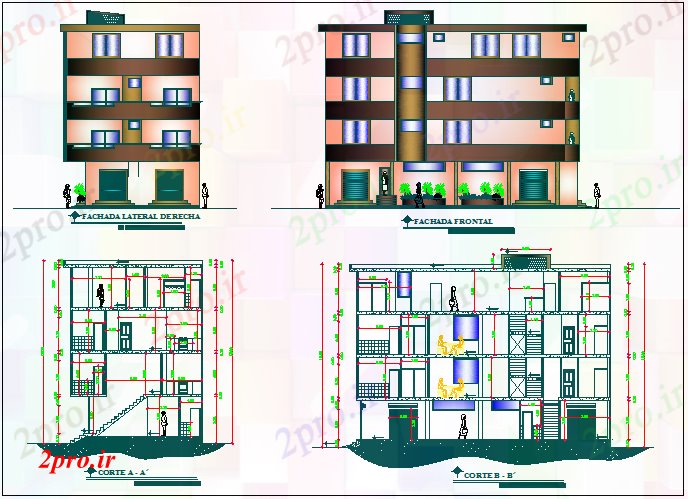 دانلود نقشه مسکونی ، ویلایی ، آپارتمان نما و بخش نظر خانه 9 در 17 متر (کد74034)