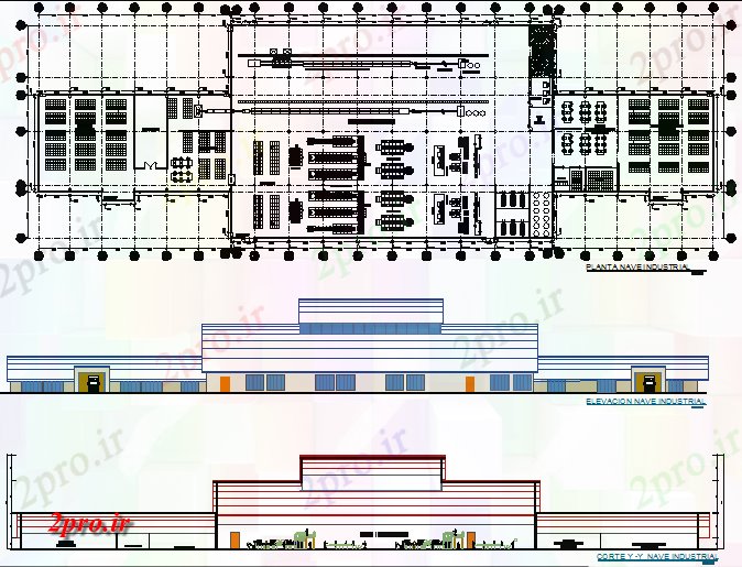 دانلود نقشه کارخانه صنعتی  ، کارگاه طرح، نما و بخش صنعت جزئیات (کد74062)