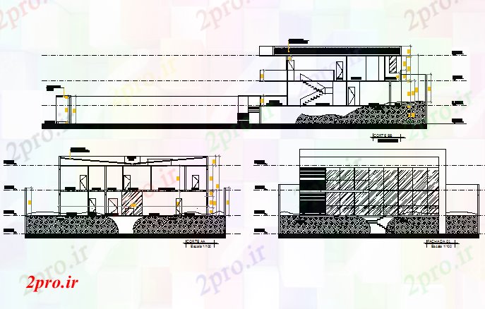 دانلود نقشه مسکونی ، ویلایی ، آپارتمان نما و بخش جزئیات خانه 12 در 16 متر (کد74099)