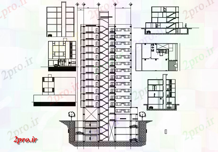 دانلود نقشه ساختمان مرتفع ساختمان های اداری 21 در 21 متر (کد74137)