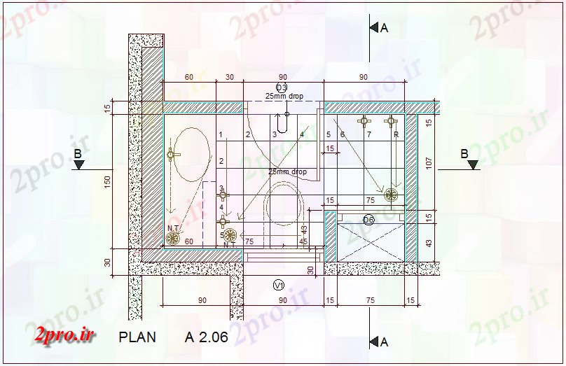 دانلود نقشه بلوک حمام و توالتطرحی حمام با نمای معماری (کد74271)