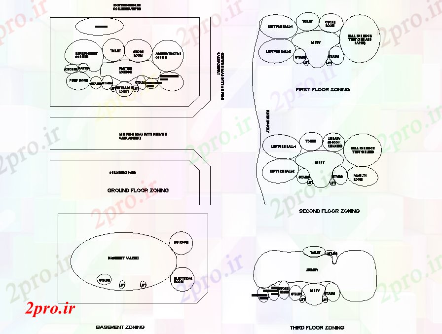 دانلود نقشه مسکونی ، ویلایی ، آپارتمان طبقه زیرزمین به طبقه سوم منطقه بندی طرحی جزئیات 15 در 29 متر (کد74297)