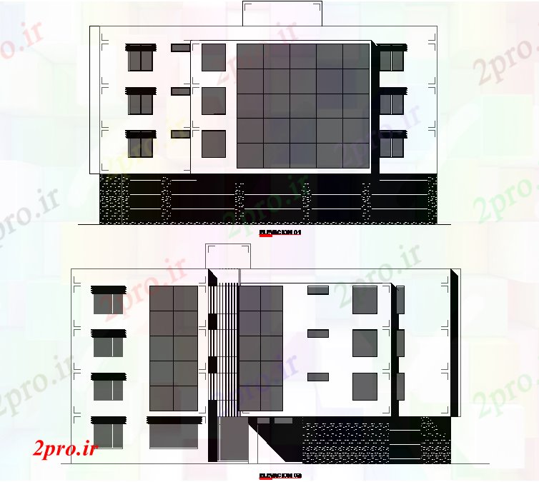 دانلود نقشه ساختمان اداری - تجاری - صنعتی نما از چند خانواده طرحی جزئیات 21 در 24 متر (کد74423)