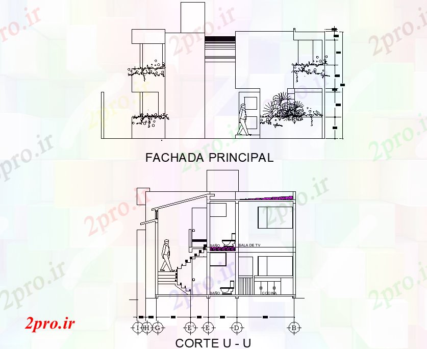 دانلود نقشه مسکونی ، ویلایی ، آپارتمان نما و بخش طرحی مسکن unifamily جزئیات 9 در 10 متر (کد74450)