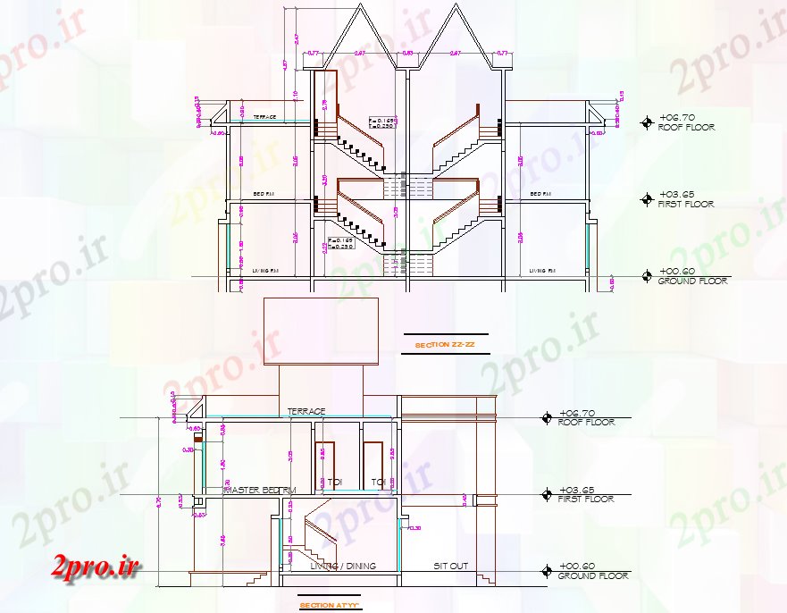 دانلود نقشه خانه های کوچک ، نگهبانی ، سازمانی - بخش دوقلو خانههای ویلایی جزئیات 14 در 14 متر (کد74477)